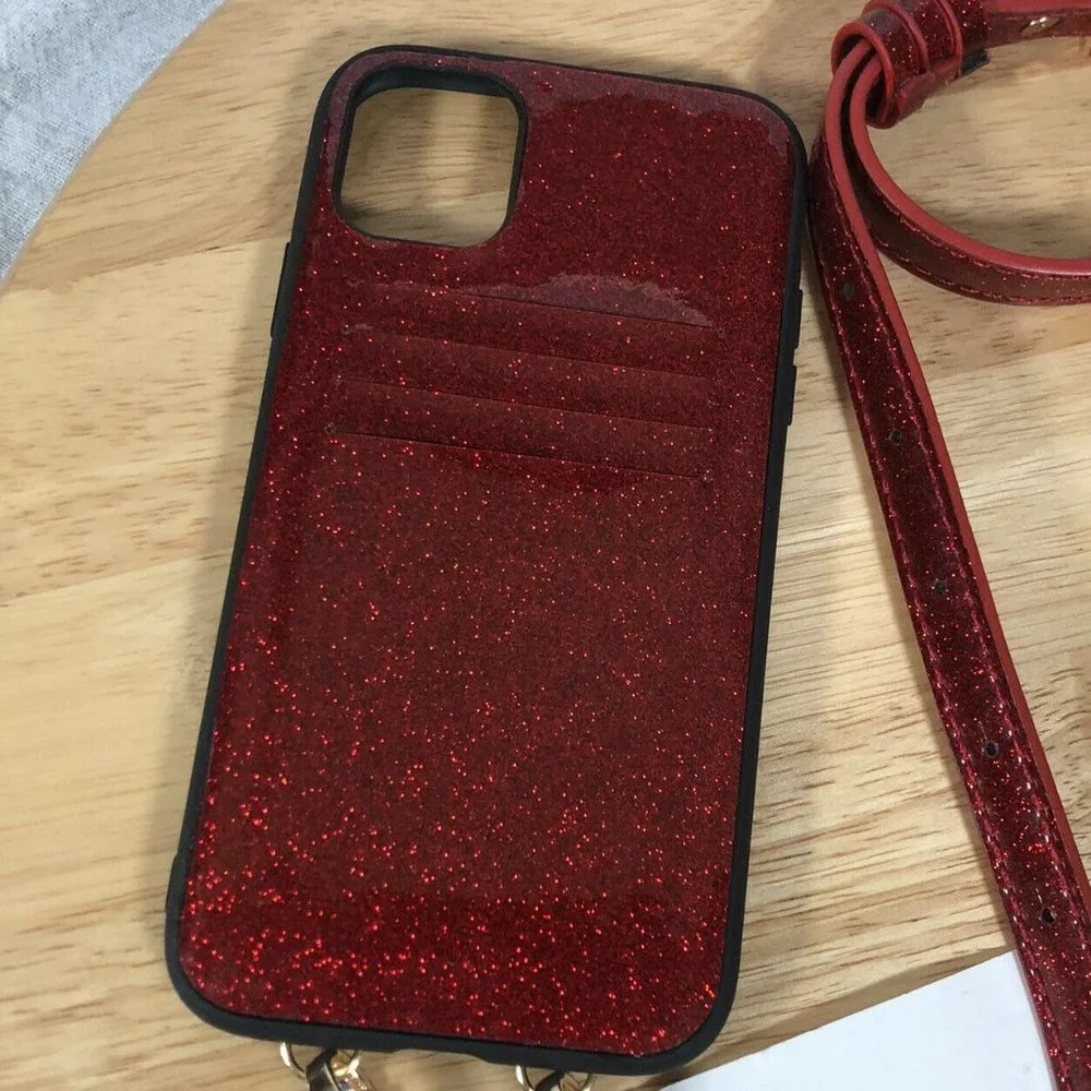 NEW Nordstrom Iphone 11 Case Card Holder Detach Crossbody Strap Red Glitter